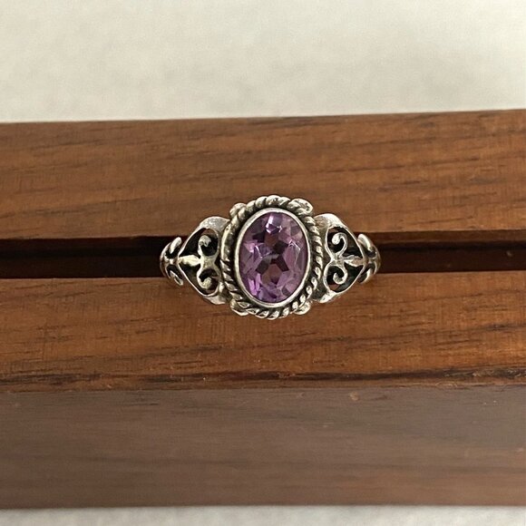 Oxidized Sterling Silver 925 Oval Amethyst Scrollwork Openwork Ring Size 6.75 - Picture 12 of 16